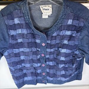 Country Wear Casuals Denim Jacket Blue Woven Patchwork Front Womens M Tradwife